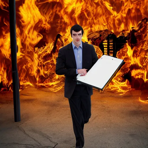 Image similar to nathan fielder walking around hell with a clipboard