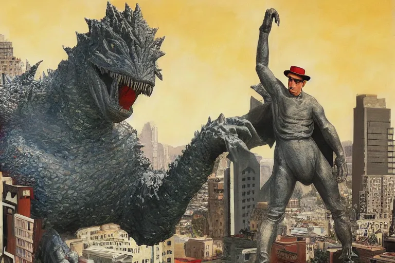 Prompt: giant buster keaton in the city, battling godzilla with clever acrobatics. color fantasy painting, highly detailed, trending on artstation
