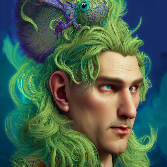 Image similar to psychedelic Sully from Monster’s Inc., Pixar, diffuse lighting, fantasy, intricate, elegant, highly detailed, lifelike, photorealistic, digital painting, artstation, illustration, concept art, smooth, sharp focus, art by John Collier and Albert Aublet and Krenz Cushart and Artem Demura and Alphonse Mucha