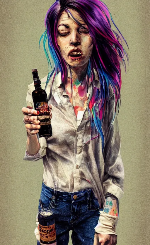 Image similar to a grungy woman with rainbow hair, happy, holding bottle of whiskey, soft eyes and narrow chin, dainty figure, long hair straight down, torn kawaii shirt and baggy jeans, basic white background, In style of by Jordan Grimmer and greg rutkowski, crisp lines and color,