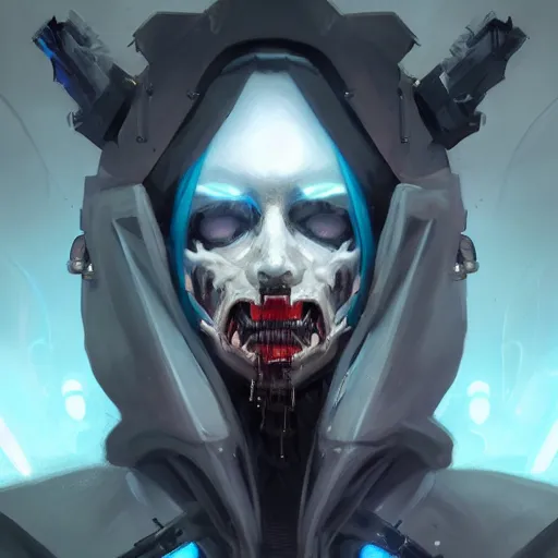 Image similar to portrait of a terrifying cybernetic grim reaper of death, cyberpunk concept art by pete mohrbacher and artgerm and wlop and greg rutkowski and deathburger, digital art, highly detailed, intricate, sci-fi, sharp focus, Trending on Artstation HQ, deviantart, unreal engine 5, 4K UHD image