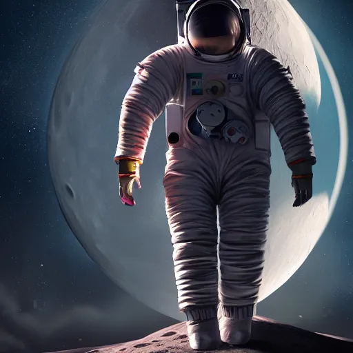Image similar to A hyper real comic book style portait painting of an elephant in an astronaut suit walking on the moon, unreal 5, hyperrealistic, octane render, cosplay, RPG portrait, dynamic lighting