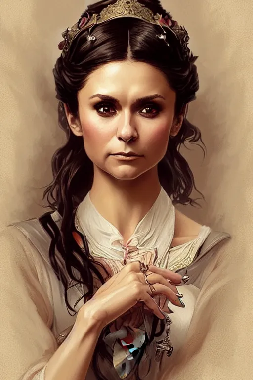 Image similar to Nina Dobrev dressed in a victorian fashion, D&D, fantasy, intricate, elegant, highly detailed, digital painting, artstation, concept art, matte, sharp focus, illustration, art by Artgerm and Greg Rutkowski and Alphonse Mucha