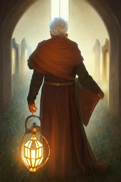Prompt: male senior cleric holding a lantern in a cemetery, highly detailed, digital painting, artstation, concept art, smooth, sharp focus, illustration, art by artgerm and greg rutkowski and alphonse mucha and andrei riabovitchev