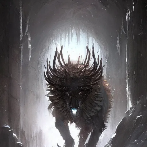 Prompt: mechanical king of wolves, elden ring, by greg rutkowski