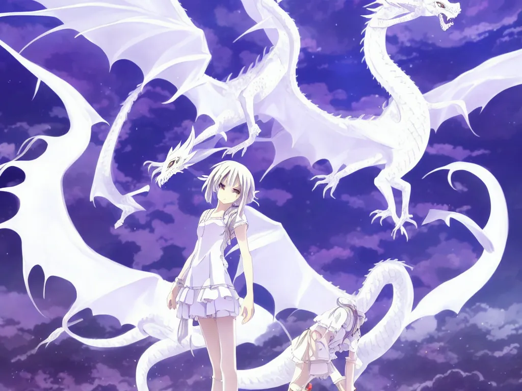Image similar to anime art full body portrait character concept art, be surrounded by a huge silver white dragon center, in white clouds fairyland, anime key visual of white dragon and girl, finely detailed perfect face delicate, raphael lacoste, trending on pixiv fanbox, james jean, violet evergarden, studio ghibli, xision, extremely high quality artwork