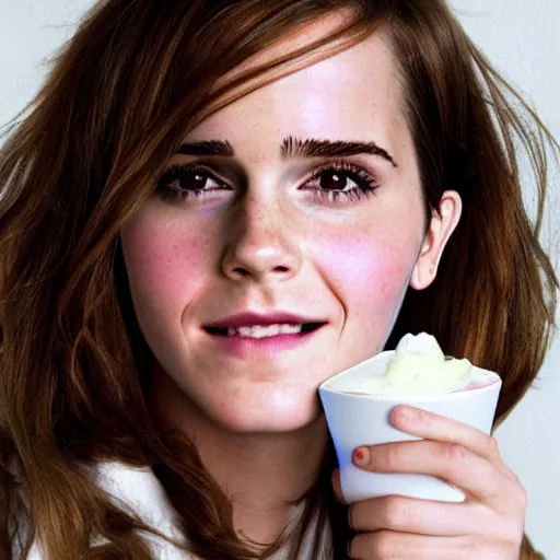 Image similar to yogurt that is also a portal to an alternate reality in which emma watson lives