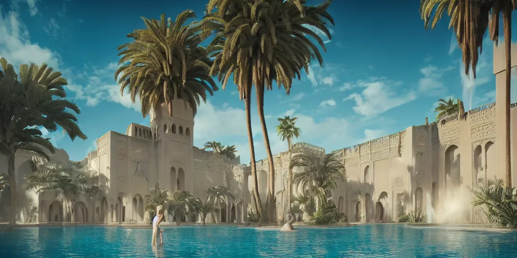 Image similar to beautiful bath house surrounded by palm trees, moroccan tile archways,, ivory towers, sun setting, ross tran, nephilim, pyroclastic flow, ethereal, fantasy, james jean, oozium, peter morbacher, angelarium, alchemy, luxury, heavenly light, soft illumination, trending on artstation, cinematic lighting, digital painting, octane render, artgerm