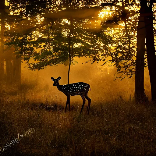 Image similar to a beautiful spotted deer in the woods lit by the morning sky, sunrise, chital, photorealistic, by annie leibovitz and steve mccurry, natural light, canon eos c 3 0 0, ƒ 1. 8, 3 5 mm, 8 k, medium - format print