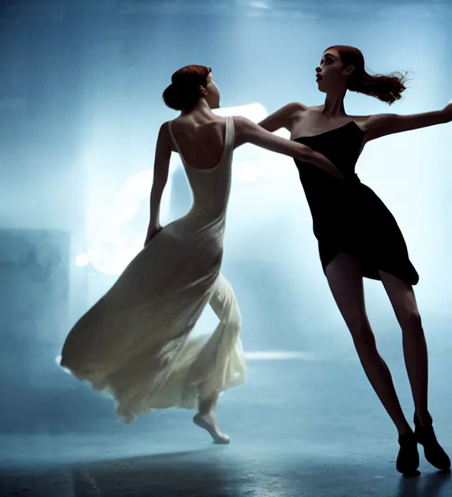 Image similar to la la land unseen film scene of gaz station by night starring seductive actress doing steps dancing and dressed by an organic looking dress from designer * iris van herpen *, with stylish colorfull makeup. intriguing soft back lighting, highly detailed, skin grain detail, photography by paolo roversi, nick knight