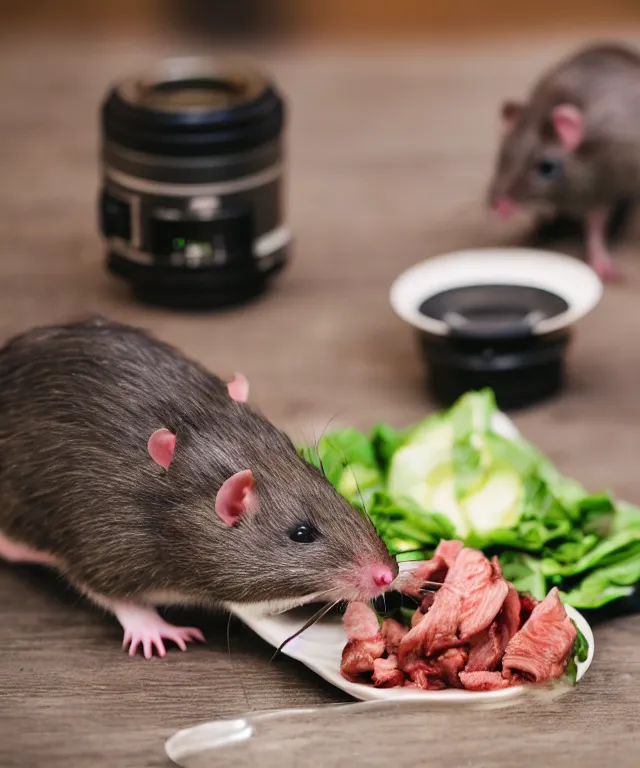 Prompt: high quality presentation photo of vicious anthropomorphic rats eating meat, photography 4k f1.8 anamorphic bokeh 4k Canon Nikon