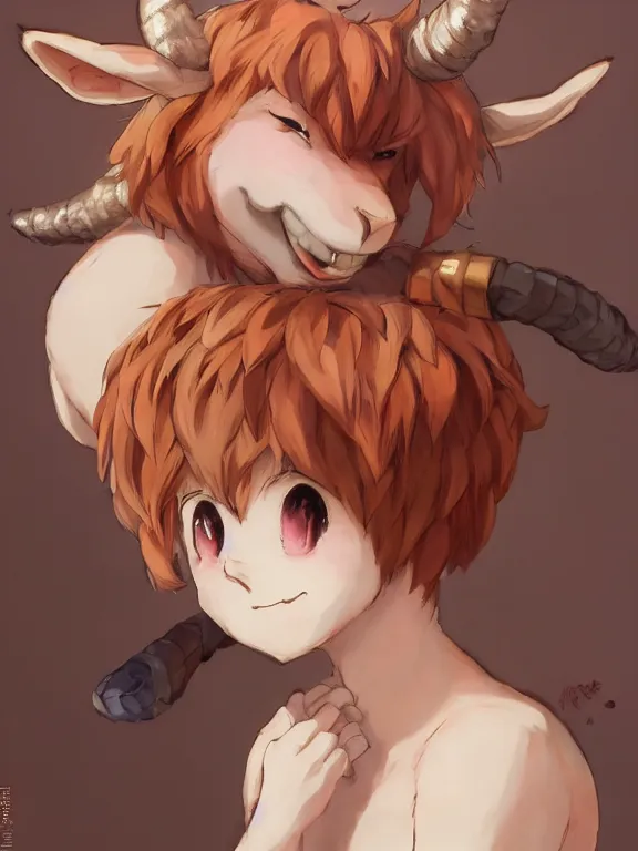 Image similar to Anime portrait of a cute smiling faun, short pink hair, golden notched horns, brown fur, fluffy tail, by Makoto Shinkai, Stanley Artgerm Lau, WLOP, Rossdraws, James Jean, Andrei Riabovitchev, Marc Simonetti, and Sakimichan