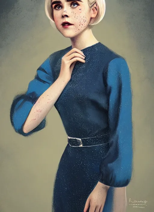 Image similar to portrait of kiernan shipka with freckles, white hair, big 1 9 6 0 s bob hairstyle with bangs and hairband, blue 1 9 6 0 s dress, intricate, elegant, glowing lights, highly detailed, digital painting, artstation, concept art, smooth, sharp focus, illustration, art by wlop, mars ravelo and greg rutkowski