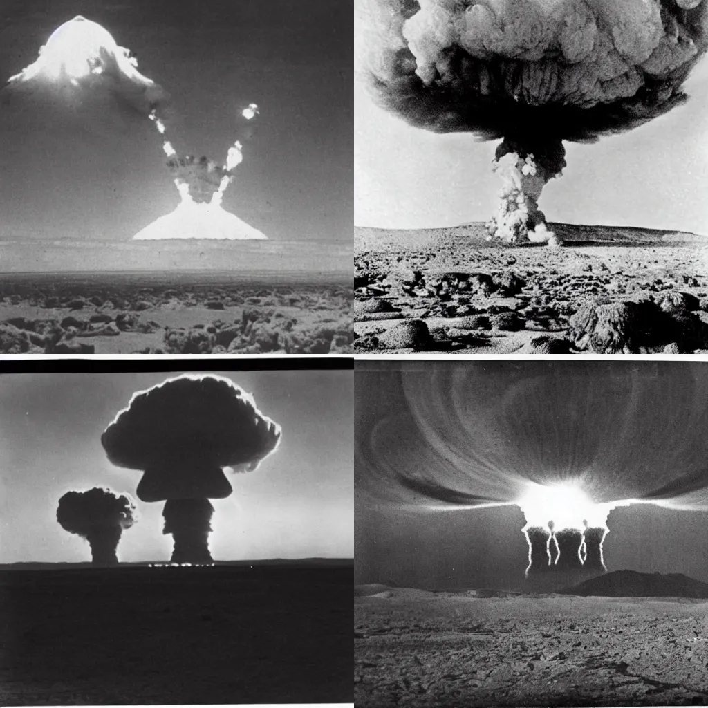 Prompt: 1920s picture of a nuclear explosion in the desert