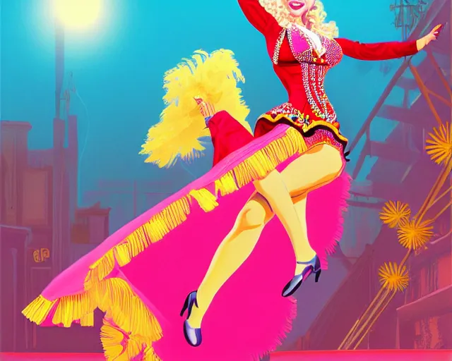 Image similar to young dolly parton as a cancan dancer in art deco style, hyper realistic, artstation, illustration, bright, cheerful, detailed and intricate environment