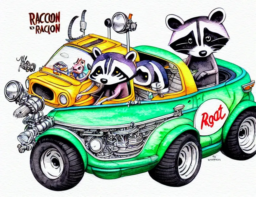 Image similar to cute and funny, racoon riding in a tiny hot rod with oversized engine, ratfink style by ed roth, centered award winning watercolor pen illustration, isometric illustration by chihiro iwasaki, edited by range murata, tiny details by artgerm and watercolor girl, symmetrically isometrically centered