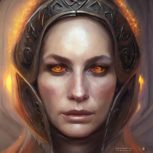 Prompt: the flame female wizard as a realistic d & d fantasy character, closeup portrait art by donato giancola and greg rutkowski, vintage retro, realistic face, digital art, trending on artstation, symmetry!!