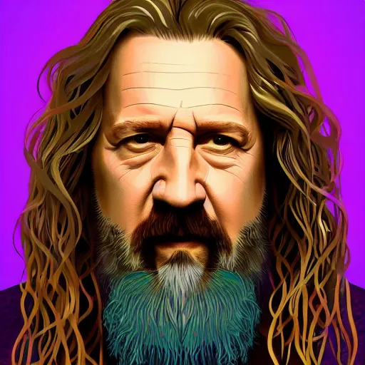 Prompt: a colorful closeup portrait of the dude from the big lebowski. he holds all the wisdom of the world in his eyes. dreamy vibes floating head and dreaming psychedelic hair. halo behind his head. trending on artstation. intricate detail. hyperrealistic 8 k. flat design