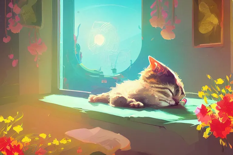 Image similar to a digital art of a cat sleeping in the room with flowers around in the afternoon, the sun shines in, animal, light effect, highly detailed, by anton fadeev