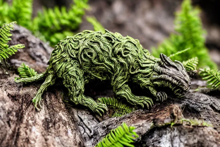 Prompt: photo, alien nightmare monster - rat chewing! thick internet cable!! in the ferns, grass and rocks, highly detailed, intricate details, volumetric lighting, close up, doom, apocalypse