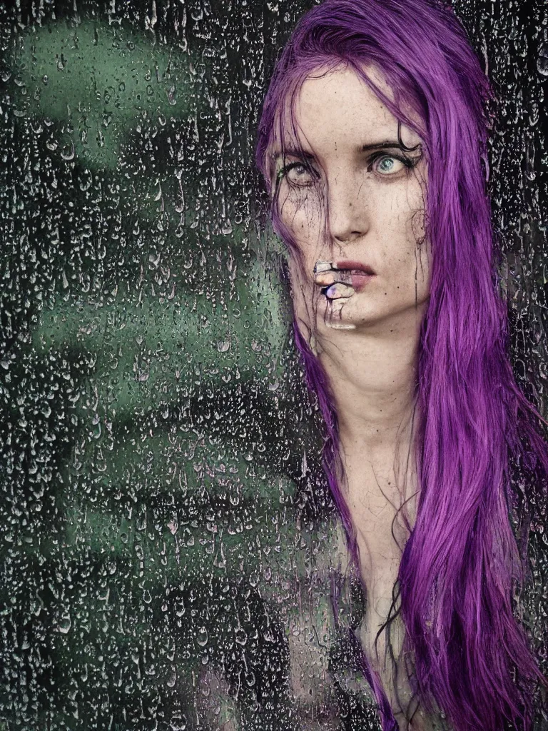 Image similar to there's so many raindrops on the window that you can barely make out the sad model on the other side photographed by Mark Seliger, green and purple hair, nighttime, city light reflections