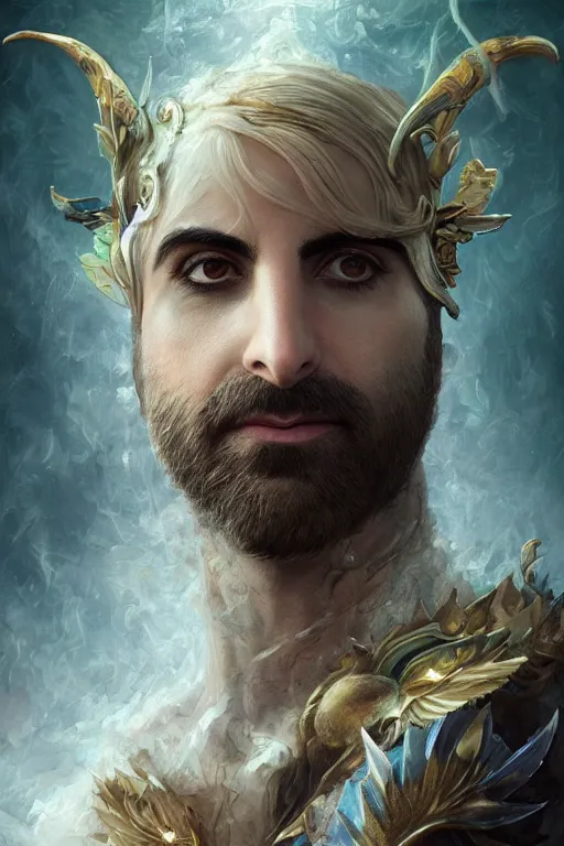 Image similar to closeup portrait shot of jason schwartzman as king oberon, fairy wings, lord of beasts, highly detailed, digital painting, artstation, concept art, soft focus, depth of field, artgerm, tomasz alen kopera, peter mohrbacher, donato giancola, wlop, boris vallejo