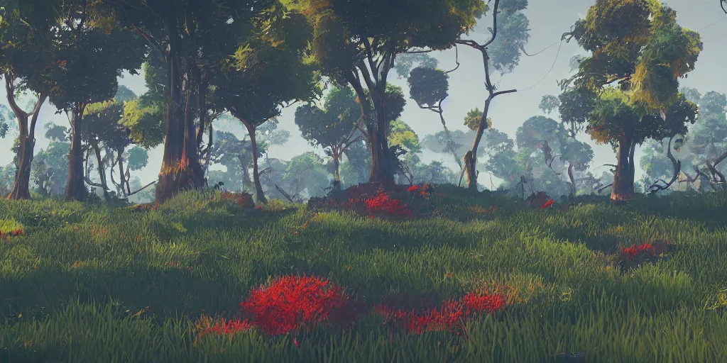 Image similar to abstract 3d landscape painting with vegetation and trees at noon by james jean and painted in no mans sky style, redshift, octane