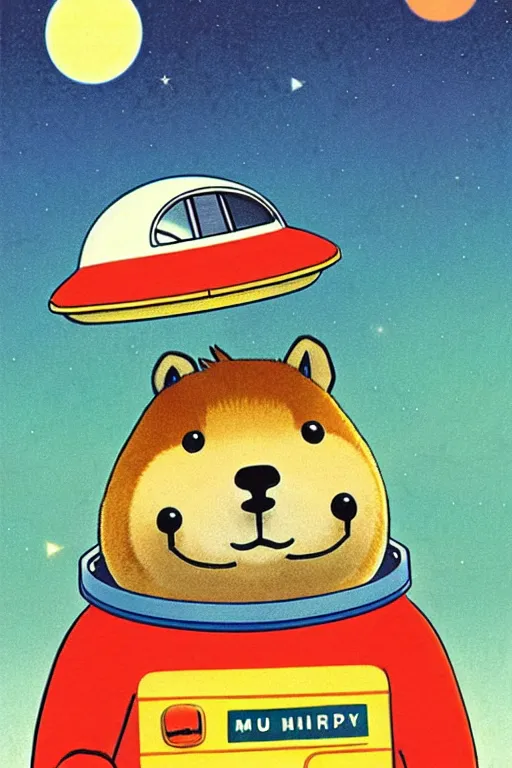 Image similar to by richard scarry. astronaut capybara. a 1 9 5 0 s retro illustration. studio ghibli. muted colors, detailed