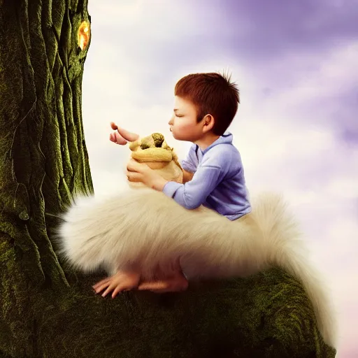 Image similar to young boy on a cute little monster with long fur on a cloud, portrait, pixar style, forest background, cinematic lighting, award winning creature portrait photography