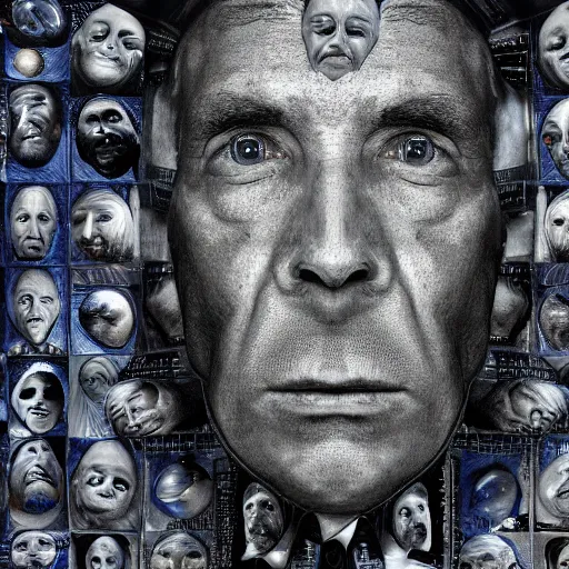 Image similar to a little time and a lot of space stands a man with infinite faces, 4 k, high level of detail, surrealism