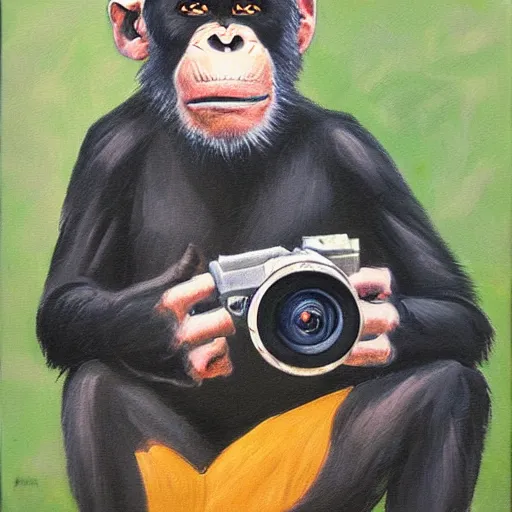 Image similar to Portrait of a Chimpanzee holding a camera in his hands, oil painting