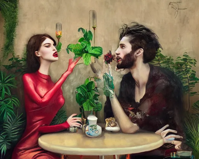 Prompt: an excited couple redefining love in a caffe surrounded by plants, expressionist painting by Francis Bacon, tom bagshaw, mark rothko, artstation