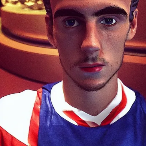 Prompt: “ a realistic detailed photo of a guy who is an attractive humanoid who is half robot and half humanoid, who is a male android, soccer player antoine griezmann, shiny skin, posing like a statue, blank stare, at the museum, on display, spiral hypnotic eyes ”