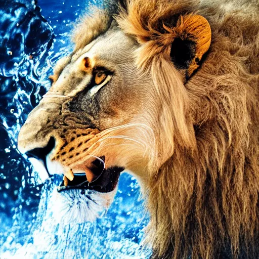 Image similar to a male lion's face breaching through a wall of water, water sprites, splashing, deep blue water color, highly detailed