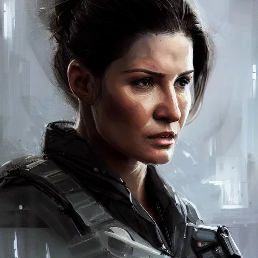 Image similar to portrait of a woman by greg rutkowski, she looks like gina carano, she is about 7 0 years old, impeccable military composure, wearing tactical gear of the galactic alliance, star wars expanded universe, highly detailed portrait, digital painting, artstation, concept art, smooth, sharp foccus ilustration, artstation hq