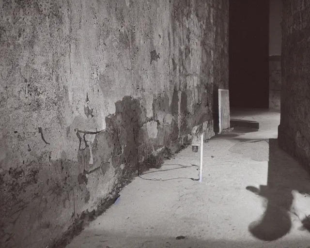 Image similar to dark abandoned hallway at night with skeletal bear, letterbox crop, widescreen, 40mm tape, technicolour film, grainy, horror