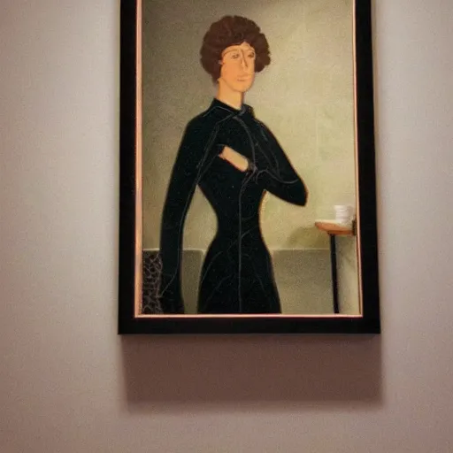 Prompt: portrait of a modern woman, located in the restroom in the style of Marcelle Bergerol, French painter