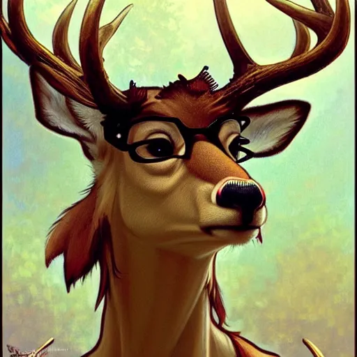 Image similar to anthropomorphic shy and nerdy deer with exquisite antlers. Renowned character illustration by greg rutkowski, thomas kindkade, alphonse mucha, loish, norman rockwell. Trending on FurAffinity.