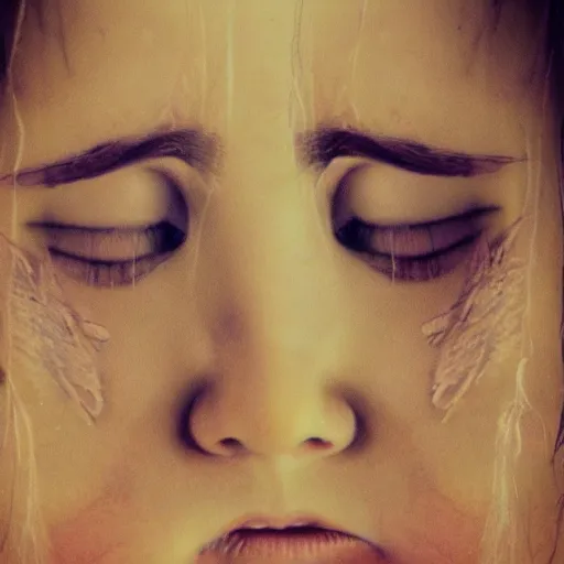 Prompt: when an angelgirl cries, it is never quiet, obscured, overexposed, scratched out, ratty and deteriorating wings