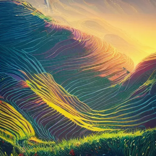 Image similar to beautiful scenery of rice terraces, by anato finnstark, by alena aenami, by john harris, by ross tran, by wlop, by andreas rocha