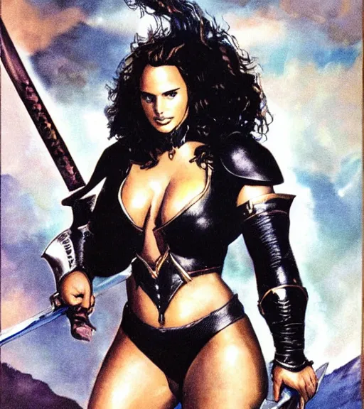 Image similar to 1 9 8 0 s fantasy novel book cover, bbw plus size amazonian natalie portman in extremely tight bikini armor wielding a cartoonishly large sword, exaggerated body features, dark and smoky background, low quality print
