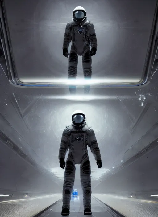 Image similar to symmetry concept art by craig mullins astronaut in futuristic dark and empty spaceship underwater. infrared glowing lights. complex and hyperdetailed technical suit. reflection and dispersion materials. rays and dispersion of light. volumetric light. 5 0 mm, f / 3 2. noise film photo. flash photography. unreal engine 4, octane render. interstellar movie art