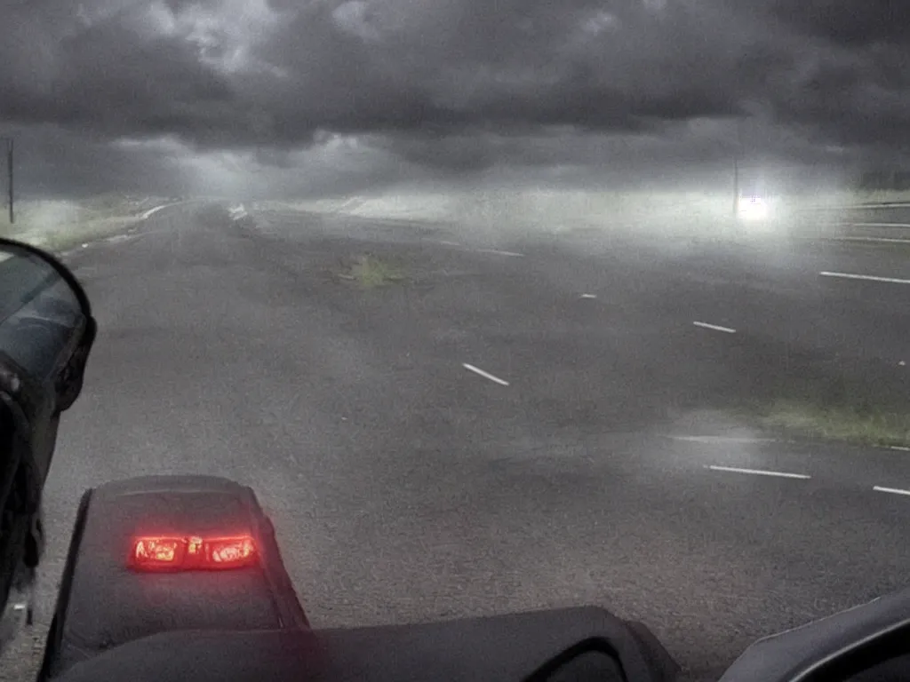 Image similar to dash cam footage, A dark ghost in the middle of a road staring at the driver. dramatic lighting, bad weather, dark clouds, horror footage, highly realistic. live cam