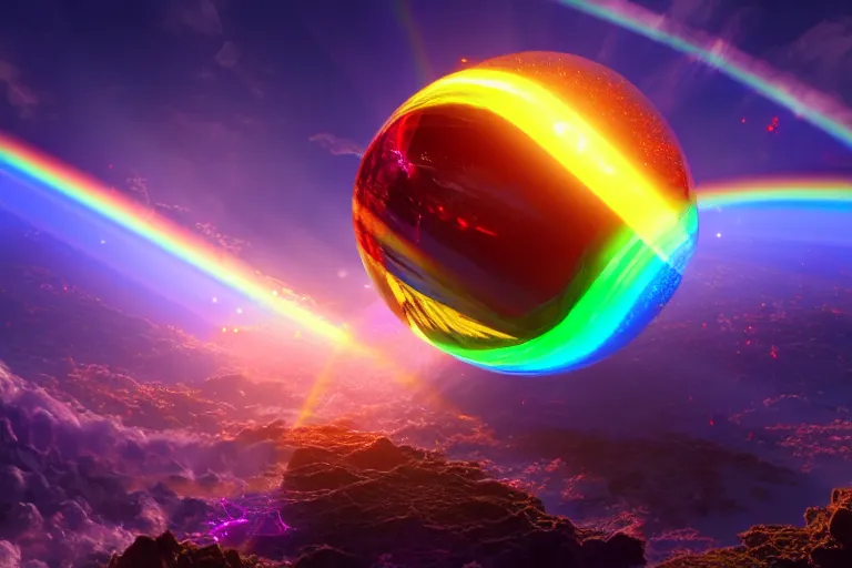 Image similar to a god dissolving into a new universe and then folding itself into a sphere which becomes a rainbow beacon signalling the arrival of a new goddess, in the style of wlop, illustration, epic, fantasy, hyper detailed, smooth, unreal engine, sharp focus, ray tracing