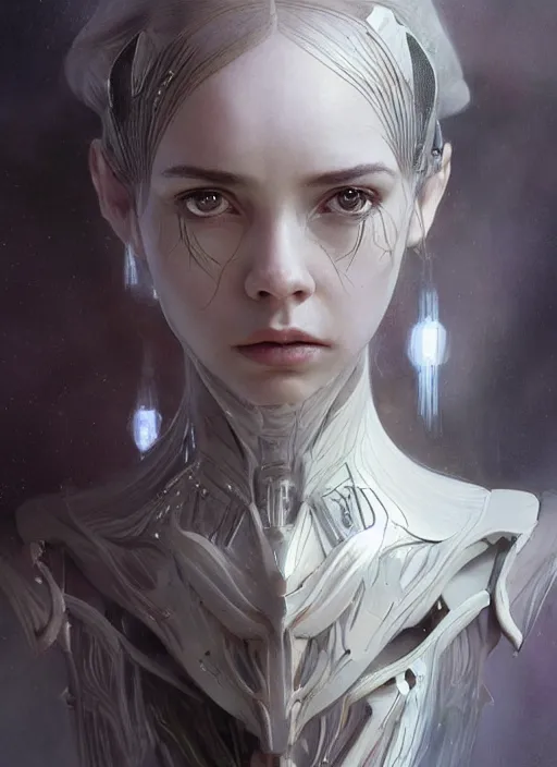 Image similar to a professional painting of a beautiful young female alien, clothed in ethereal armor, olive skin, long dark hair, beautiful bone structure, symmetrical facial features, intricate, elegant, digital painting, concept art, smooth, sharp focus, illustration, from Valerian and the City of a Thousand Planets, by Ruan Jia and Mandy Jurgens and Artgerm and William-Adolphe Bouguerea