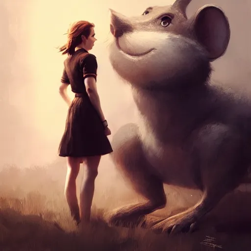 Prompt: emma watson posing next to a giant mouse, digital portrait, greg rutkowski, artstation