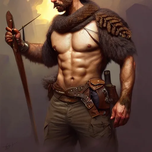 Prompt: Rugged ranger tending to his wounds, masculine, male, D&D, muscular, fantasy, intricate, elegant, highly detailed, digital painting, artstation, concept art, smooth, sharp focus, illustration, art by artgerm and greg rutkowski and alphonse mucha