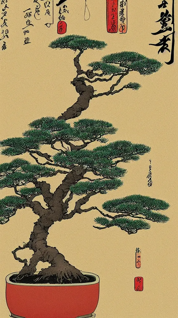 Prompt: an empty light bulb with a bonsai tree inside of it. Shin-hanga, ukiyo-e banner