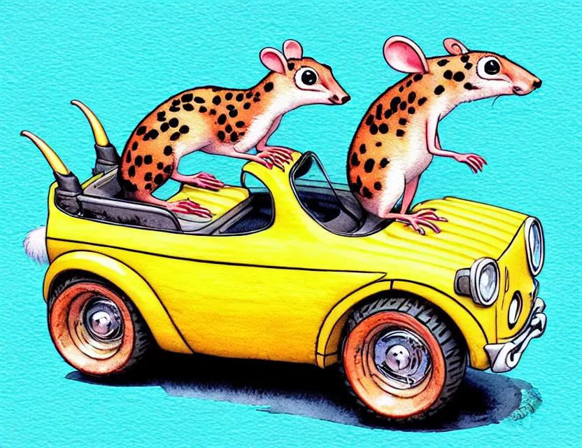 Image similar to cute and funny, quoll riding in a tiny hot rod with oversized engine, ratfink style by ed roth, centered award winning watercolor pen illustration, isometric illustration by chihiro iwasaki, edited by range murata, tiny details by artgerm and watercolor girl, symmetrically isometrically centered