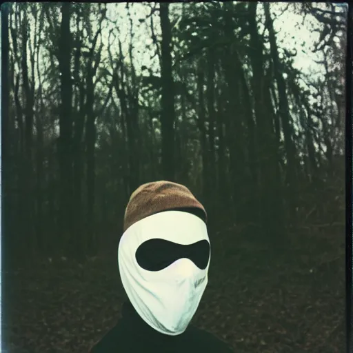 Prompt: man wearing a ghost face mask in the woods, 8 0 s, polaroid, disposable film, 8 mm